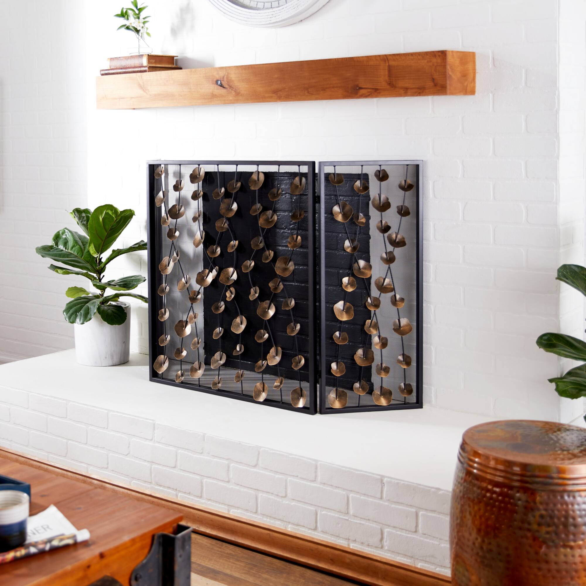 Gold Metal Modern Fireplace Screen, 32" x 56" x 1"